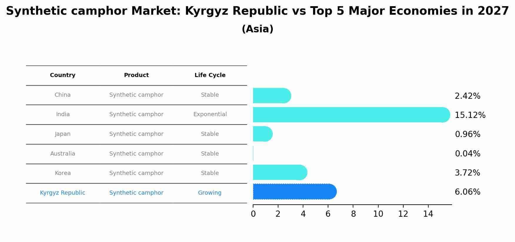 Synthetic camphor Market: Kyrgyz Republic vs Top 5 Major Economies in 2027 (Asia)